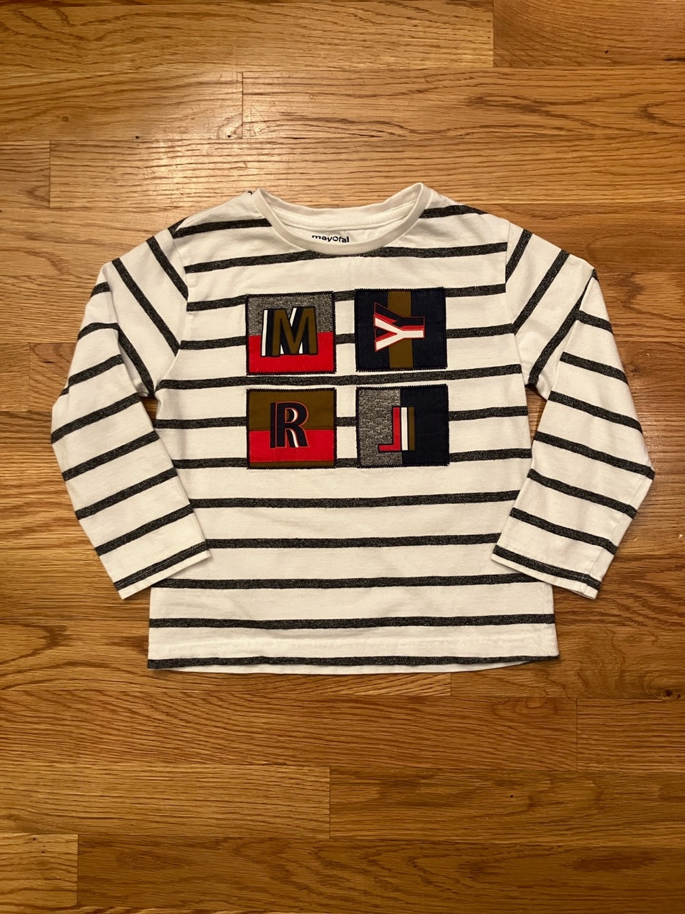 Mayoral White & Black Striped Long-Sleeve Top with Color Block Letter Patches